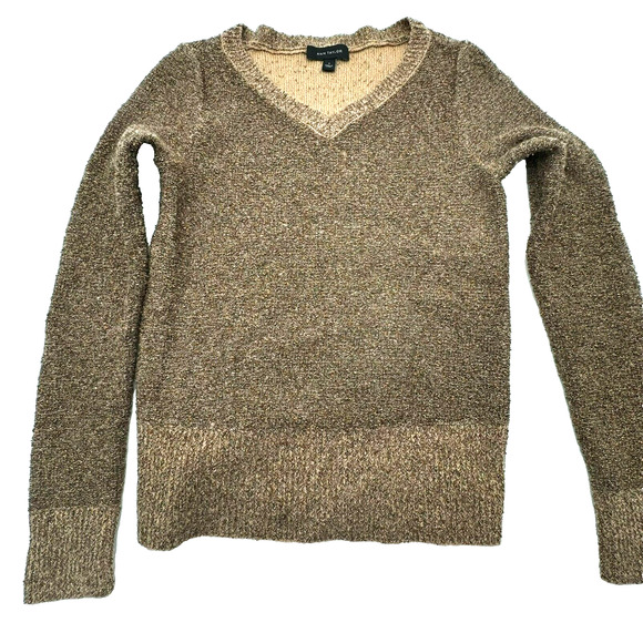ANN TAYLOR | Womens Small Wool Gold Brown V-Neck Metallic Sparkle Sweater Ribbed - Picture 2 of 8